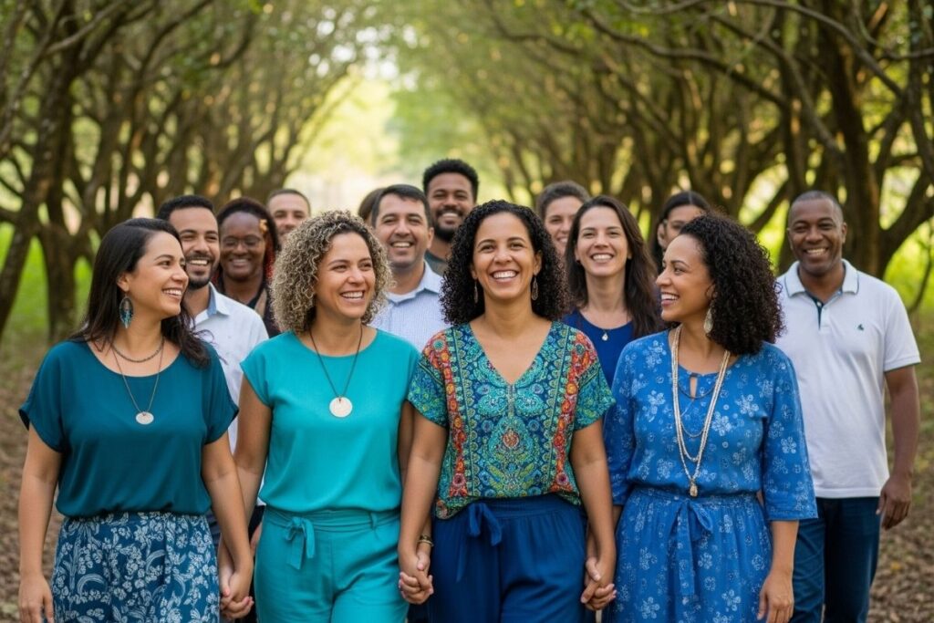 Design sem nome Grupo diverso de pessoas sorrindo e caminhando em ambiente natural, simbolizando bem-estar, apoio mútuo e a jornada da saúde.